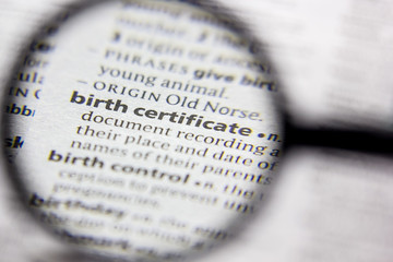 Word or phrase Birth certificate in a dictionary.
