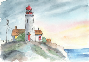Fototapeta na wymiar Watercolor picture of a lighthouse on the hill above the blue sea