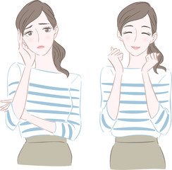 悩む女性と喜ぶ女性のセット