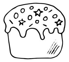 Easter cake ink hand drawn illustration. Holiday sweet food. Black and white line art vector for coloring book page.
