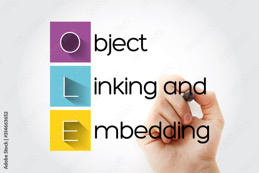 Poster ole - object linking and embedding acronym with marker, technology concept background