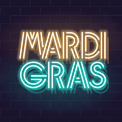 Neon mardi gras headline typography. Text for logo of title of carnival event. Isolated vector glowing letters on brick wall background.