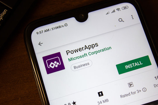 Ivanovsk, Russia - July 07, 2019: PowerApps app on the display of smartphone or tablet.