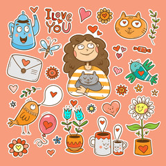 Vector set of stickers for Valentine's Day. Collection of cute cartoon characters and items. Theme of love and friendship.