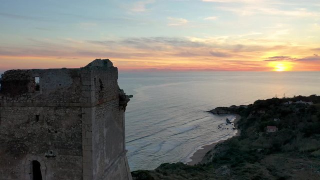 Sunset on the sea on the island of Sicily. Aerial view