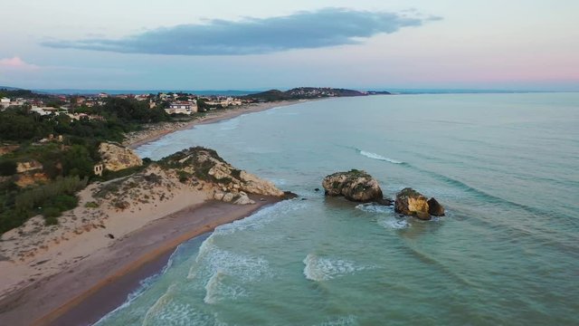 Sunset on the sea on the island of Sicily. Aerial view