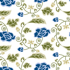 Vector Blue Rose and Gold Buds Flowers with Green Leaves on a White Textured Background. Background for textiles, cards, manufacturing, wallpapers, print, gift wrap and scrapbooking.