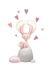 Watercolor fennec fox in love for St Valentines Day