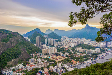 Rio De Janeiro Amazing View, Urca Hill, Sugar Loaf Mountain, Evening Clouds, Sunset. Buildings,...