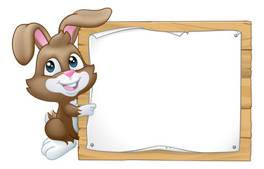 The Easter Bunny Rabbit peeking around a sign background and pointing at it.