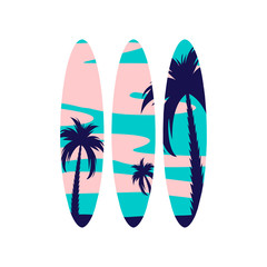 Set of colored surfboards. Extreme marine sport. Ideas for printing. Vector illustration 