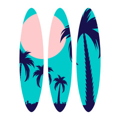 Set of colored surfboards. Extreme marine sport. Ideas for printing. Vector illustration 