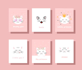 Cute white kitten vector illustration set for invitation, greeting card