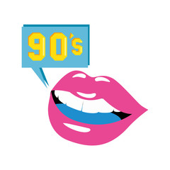 lips with nineties sign in speech bubble vector illustration design