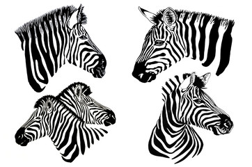 Graphical set of zebras isolated on white background, jpg illustration