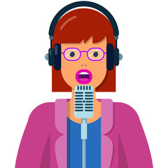 vector illustration with woman speaking into microphone and wearing headphones