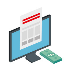 computer with bills pile and paper document vector illustration design