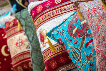 Colorful traditional pattern pillows at the Grand Bazaar in Istanbul