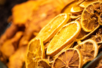 Dried orange slices closeup, for sale at a shop at Grand Bazaar in Istanbul