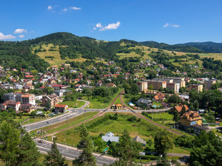 Spa town Muszyna in Lesser Poland Voivodeship in summer. View from ruins of castle on Baszta mountain.