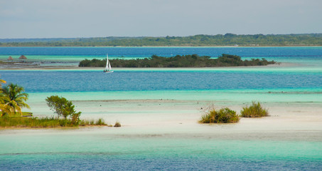 Perfect view of caribbean lagoon Bacalar. Seven Color water. Lagoon in Mayan Mexico at Quintana roo