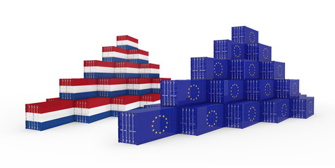 3D Illustration of Cargo Container with Netherlands Flag on white background. Delivery, transportation, shipping freight transportation