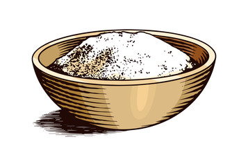 A cup of Sea salt set. Powdered powder and bunch of seeds. Vintage background poster. Engraved hand drawn sketch. 