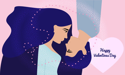 Valentine's day, vector illustration. Happy couple look at each other. The guy and the girl want to kiss.