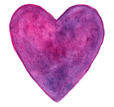 Purple-pink heart in watercolor isolated on white background