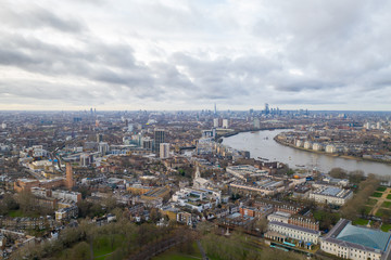 Greenwich district aerial view with Cutty Sark and the Isle of Dogs.