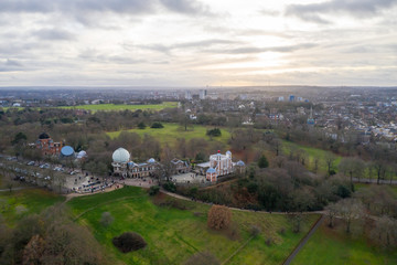 Fototapeta na wymiar Greenwich (London) district aerial view with Greenwich observatory and Greenwich zero Line.