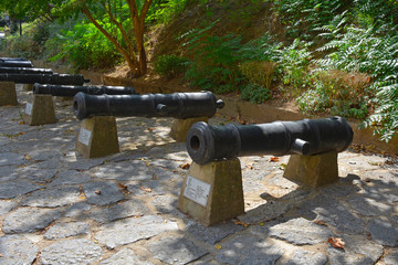 Nineteenth century bronze Ottoman cannons in the grounds of the 15th century Rumeli Hisari fort in the Sariyer district of Istanbul, Turkey