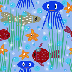 Seamless pattern with cartoon fish, seaweed, starfish, octopus for fabric, children's wallpaper and holidays, paper, postcards, underwater world background