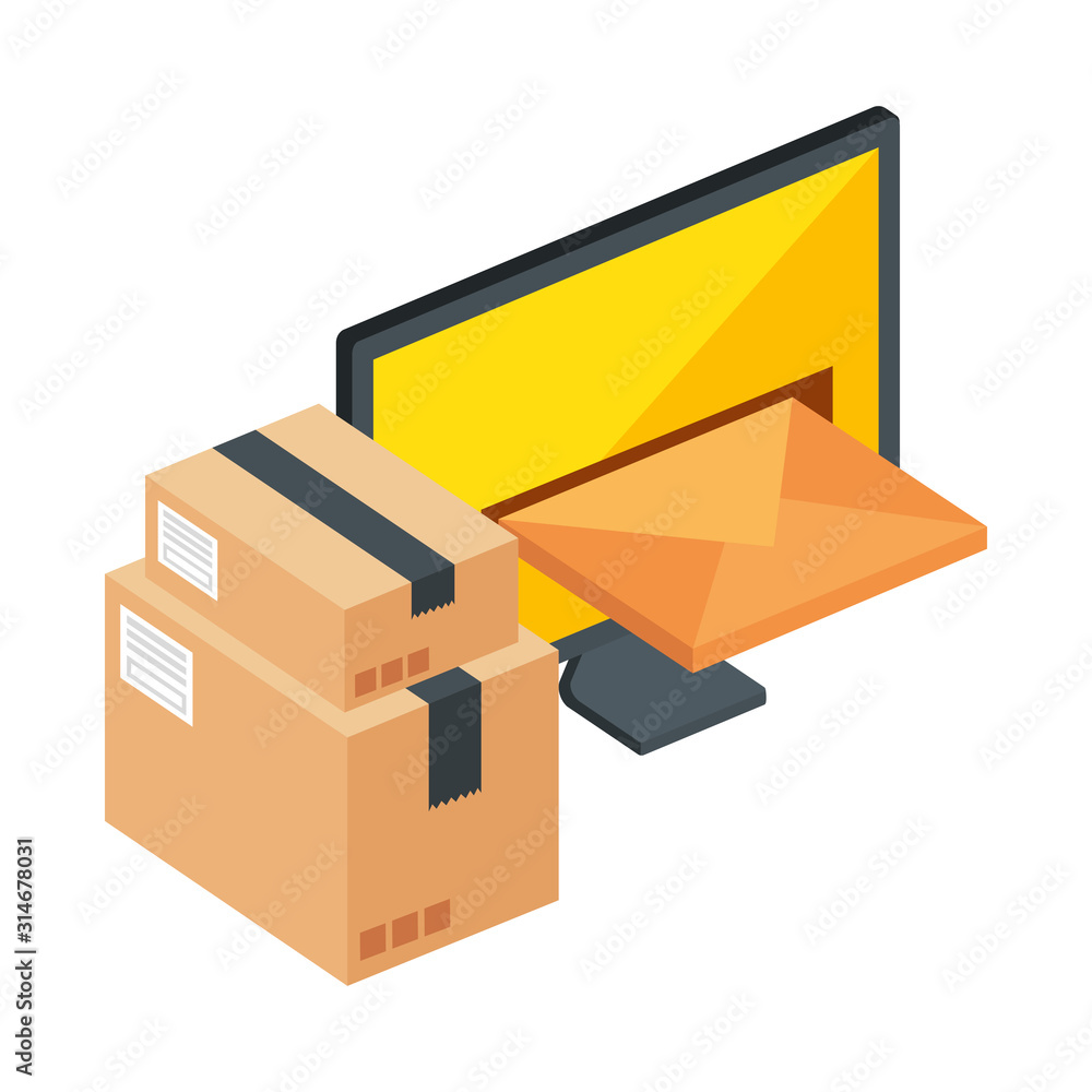 Poster computer with envelope and boxes packages vector illustration design
