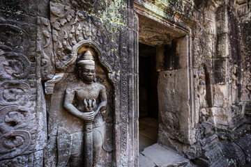 Sculpture of Hindu gods in temple of Ta Som, Angkor Wat, Cambodia