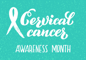 Cervical Cancer Awareness Month - hand drawn  lettering and ribbon. Vector illustration isolated on blue. EPS 10