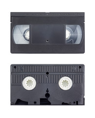 Old and obsolete videotape cassette in two sides isolated on white background with clipping path