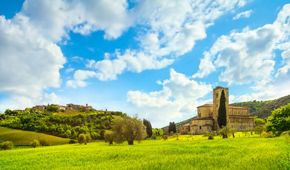Sant Antimo Montalcino church and Castelnuovo Abate village. Tuscany, Italy