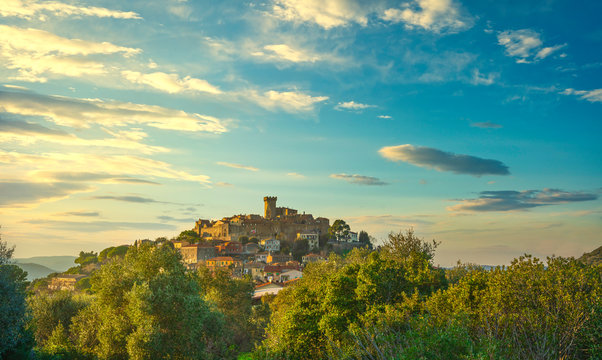 Capalbio medieval village skyline at sunset. Maremma, Tuscany Italy