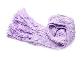 Violet knitted scarf isolated on white, top view
