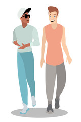 A young African American is walking and talking with a young white guy. Ideal for advertising and presentations.