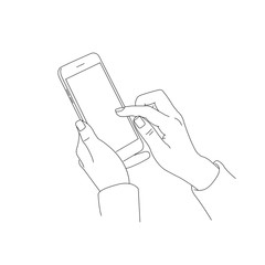 Obraz na płótnie Canvas drawn sketch illustration of human hand using or holding big smart mobile phone, scrolling the screen, isolated