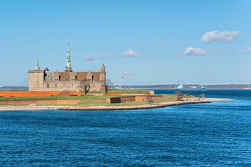 Danish harbour of Helsingor with Kronborg castle in the backgroundin sunny day