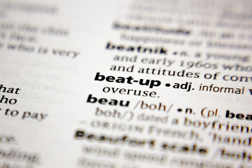 Word or phrase beat-up in a dictionary.