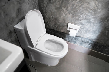 White hanging toilet seat on white toilet in the home bathroom with grey tiles in concrete style...