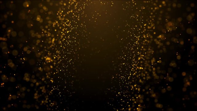 gold particles abstract background with shining golden floor particle stars dust.Beautiful futuristic glittering fly movement flickering loop in space on black background.