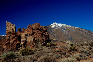 Teide volcano with some snow and rocks located at Teide National Park, Tenerife, Canary Islands