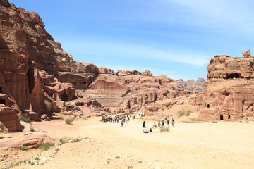 Panorama of ancient city of Petra with amphitheatre and caves in Jordan