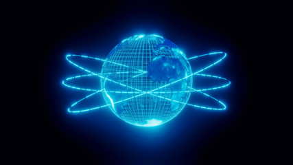 Hologram of earth globe projection over black background - technology, cyberspace and virtual reality concept