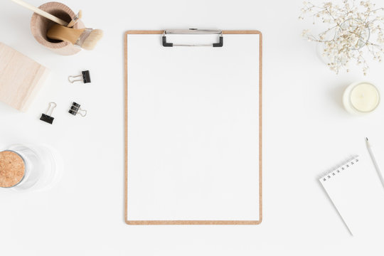 Clipboard On Wooden Table Stock Photo - Download Image Now